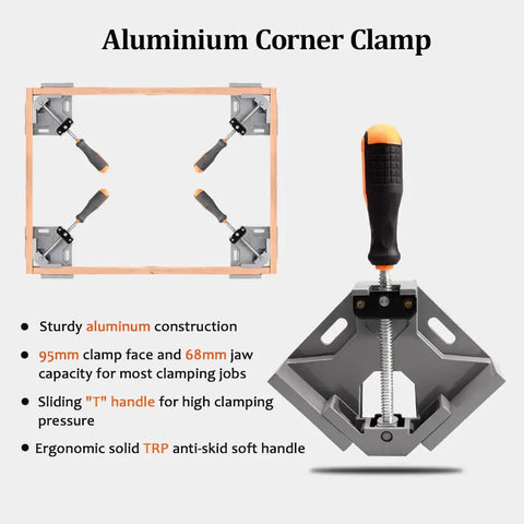 Two Pack 90 Degree Right Angle Clamps for Woodworking and Metalworking Aluminum Alloy Corner Clamp with dimensions and features