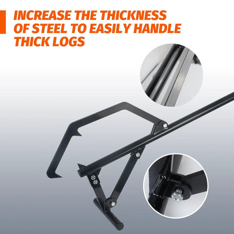 Close-up of Log Roller Lifter Heavy Duty Cant Hook For Rolling Logs Up To 25 Inch Diameter, Adjustable Log Jack With Tilt Hook, Rugged Steel Logging Tool For Yard And Forest Pro Use. Steel structure detailed view with emphasis on thickness to handle thick logs.