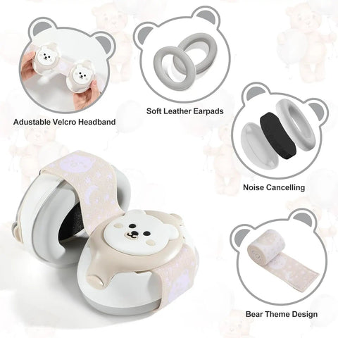 Kids Noise Canceling Earmuffs 25dB NRR For Babies 0 To 36 Months with adjustable velcro headband and bear design.