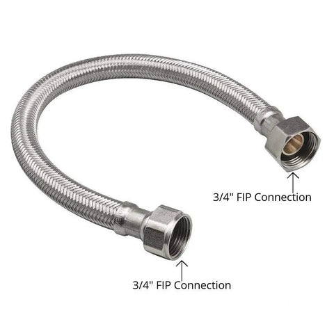 24 Inch Braided Stainless Steel Water Heater Connector With Female Iron Pipe Ends Three Quarter Inch FIP To Three Quarter Inch FIP Lead Free UPC Certified Swivel For Hot Water Heaters And Tankless Systems with 3/4 inch connections