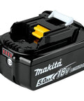 18V LXT Lithium-Ion 5.0Ah battery with built-in LED charge indicator, delivers up to 65 percent more run time per charge, recharges in about 45 minutes, compatible with Star Protection tools, side view