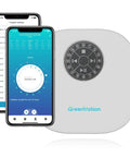 Smart Sprinkler Controller Pro Plug And Play 12 Zone Irrigation System With Water Pump And Rain Sensor Interface next to smartphone screen