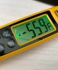 Close-up of HVAC Differential Temperature Folding Pocket Thermometer with backlit display showing -55.9°F, buttons visible