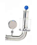 QiiMii 1.5in sanitary tri-clamp adjustable pressure relief valve with blue knob and TC gauge, SS304 (front view)