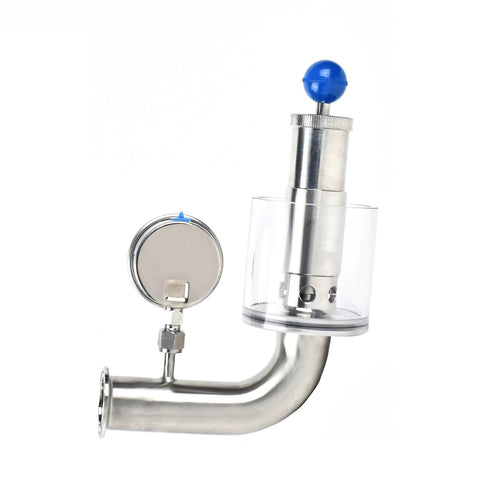 QiiMii 1.5in sanitary tri-clamp adjustable pressure relief valve with blue knob and TC gauge, SS304 (front view)