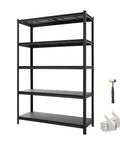 Beefy Heavy Duty Industrial Metal Storage Shelving Unit 5 tier adjustable rack with 2500 lbs capacity shown with hammer and gloves