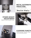 Detailed display of No Sweat Automatic Electric Coffee Tamper With Self Cleaning Stand demonstrating height adjustment and cleaning function.