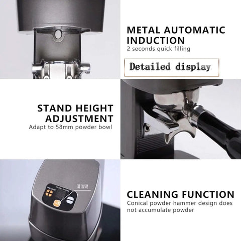 Detailed display of No Sweat Automatic Electric Coffee Tamper With Self Cleaning Stand demonstrating height adjustment and cleaning function.