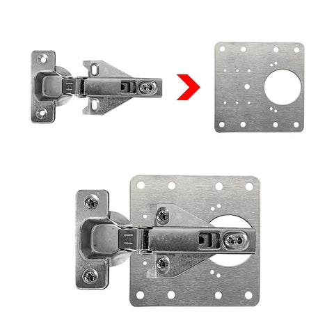 Four Pack Heavy Duty Stainless Steel Hinge Repair Plates With Matching Screws Fix Wobbly Cabinet Doors For Wood Furniture Shelves Quick Install No Sweat Built Tough Real Deal Quality showing hinge and repair plate.