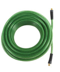 Coiled green Three Eighths Inch Air Hose 100 Foot Polyurethane Pro Grade No Fittings with bend restrictors, flexible design