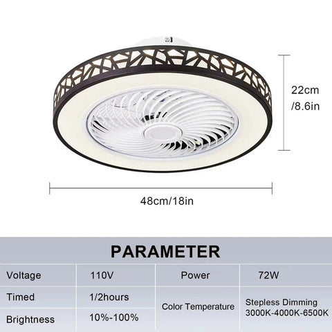 Compact Black Flush Mount Ceiling Fan With Lights And Remote Control, Low Profile Enclosed Design, 20 Inch Diameter, Specs Shown