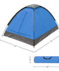 Two Person Dome Tent And Hanging LED Lantern Fan Camping Gear Set For Backpacking Hiking Or Backyard Adventures Lightweight 2.75lb Outdoor Shelter With Removable Rain Fly Interior Storage Pocket And 2 In 1 Lantern in blue, shown with dimensions.