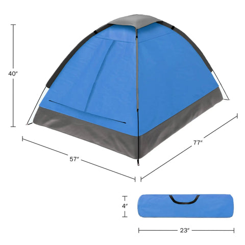 Two Person Dome Tent And Hanging LED Lantern Fan Camping Gear Set For Backpacking Hiking Or Backyard Adventures Lightweight 2.75lb Outdoor Shelter With Removable Rain Fly Interior Storage Pocket And 2 In 1 Lantern in blue, shown with dimensions.