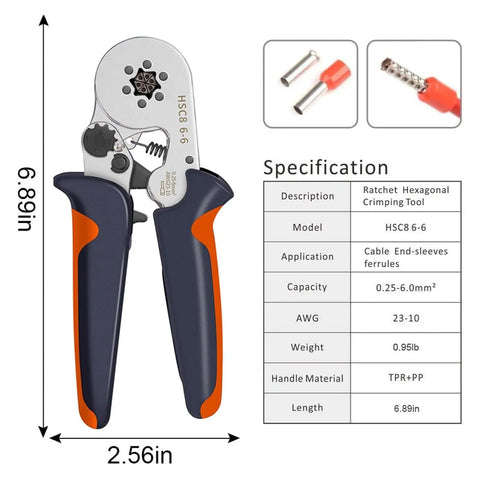 Ultimate Ferrule Crimping Tool Kit With 1200 Insulated Wire Terminals And Ratchet Crimper For Electrical Repairs Plus DIY Projects Featuring Precise Hsc8 Grip For Heavy Duty Connections That Save Time And Effort Like A Pro., 6.89in ratchet ferrule crimping tool with TPR+PP handles for 0.25-6.0mm² cable sleeves