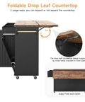 60 Inch Kitchen Island With Power Outlet And Drop Leaf showing foldable drop leaf extension on mobile prep station.