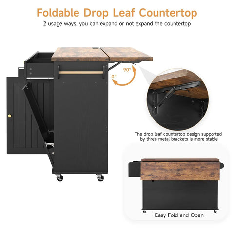 60 Inch Kitchen Island With Power Outlet And Drop Leaf showing foldable drop leaf extension on mobile prep station.