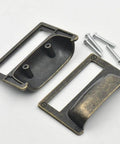 Six Pack Zinc Alloy Antique Bronze Label Frame Drawer Pulls for Drawers and Cabinets With Customizable Label Windows shown with screws