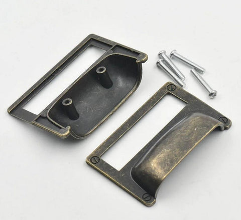 Six Pack Zinc Alloy Antique Bronze Label Frame Drawer Pulls for Drawers and Cabinets With Customizable Label Windows shown with screws