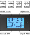 4 In 1 DC Ammeter Voltmeter Watt Meter Panel Digital Display For Car Motorcycle And Solar Systems 12V DC 6.5 To 100V 0 To 20A Energy Power Usage Monitor With LCD Readout showing voltage 10.15V, current 0.15A, power 1.5W, and energy 0Wh