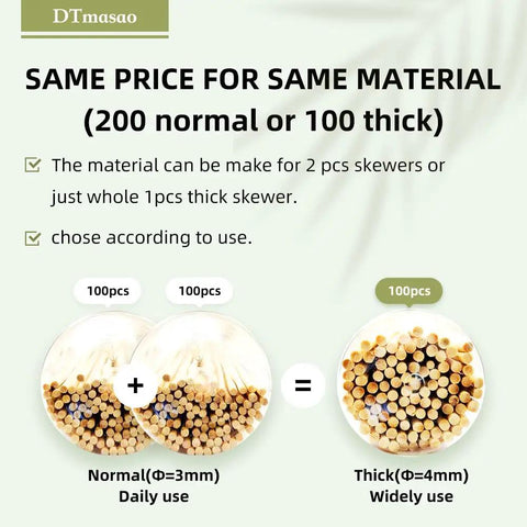 Comparison of bamboo skewers, showing 200 normal skewers or 100 thick skewers for daily and wide use.
