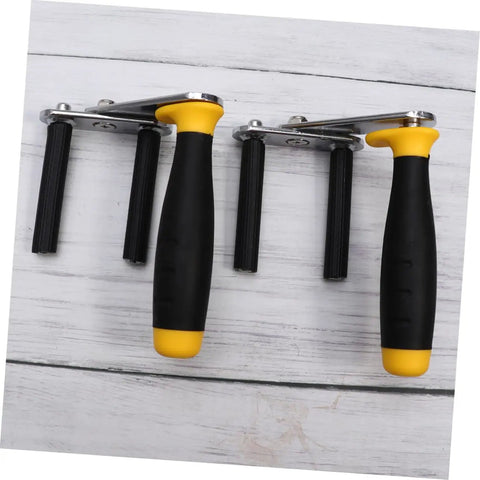 Heavy Duty Gypsum Board Lifter Tool For Ceramic Tile And Glass With Ergonomic Handle No Sweat Drywall Plywood Lifting Clamp Pro Crew Favorite Tool Set with black and yellow handles.