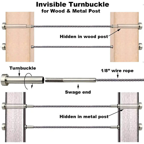 Diagram of Hidden Stainless Cable Railing Kit With Turnbuckle For 4x4 Or 2x2 Wood And Metal Posts, 1/8 inch T316 cable.
