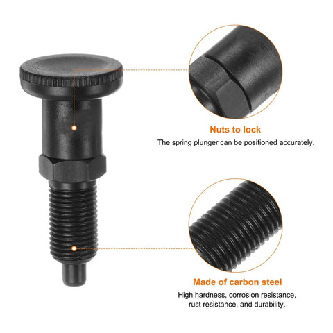 M10x1 Push Fit Ball Nose Spring Index Plunger with Retractable Location Pin showing threaded end detail, carbon steel build.