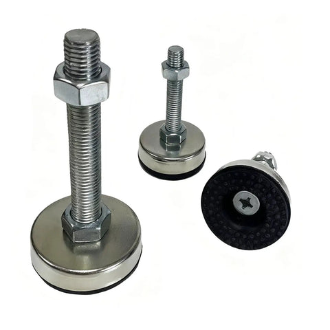 Adjustable Swivel Leveling Feet 4 Pack Heavy Duty Stabilizers For Workbenches Cabinets Machines 529 Lb Load Capacity showing black nylon bases and stainless steel threads.
