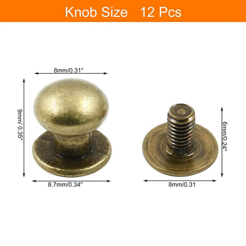 Mini Antique Bronze Round Drawer Knob Set Of 12 With Screws For Dresser Closet Chest Drawer Jewelry Box And Wooden Cases Tiny 8mm Head 9mm High Easy To Install Cabinet Pulls, shown with dimensions