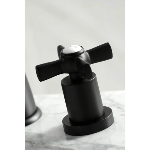 Close-up of handle on Millennium Widespread Lavatory Faucet 8 to 16 Inches with brushed nickel finish and vintage Art Deco vibe.