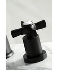 Cross handle detail of Millennium 8 To 16 Inch Widespread Lavatory Faucet With Brass Pop Up Drain In Oil Rubbed Bronze Deck Mount.