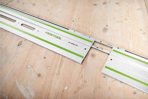 Guide Rail Connector Set FSV2 for Long Workpieces showing two-piece joint on wooden surface