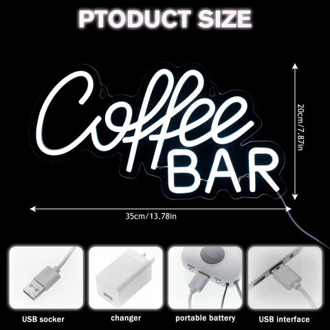 Coffee Bar Neon Sign LED Light for Cafes and Bars, showing size and USB power options on black background