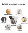 Mini 1 Inch Caster Wheels Set Of 4 With Steel Frame And TPE Rubber For Small Furniture Durable Low Profile And Quiet Rolling Ideal For Light Duty Tables Chairs Carts And Other Lightweight Furniture In Home Or Workshop shown in use on multiple furniture pieces