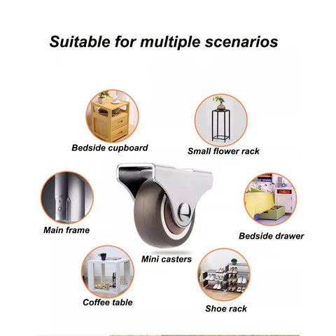 Mini 1 Inch Caster Wheels Set Of 4 With Steel Frame And TPE Rubber For Small Furniture Durable Low Profile And Quiet Rolling Ideal For Light Duty Tables Chairs Carts And Other Lightweight Furniture In Home Or Workshop shown in use on multiple furniture pieces