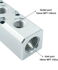 Close-up of Three Way Pneumatic Manifold Air Distribution Block With G1/2 Inlet And G1/4 Output Ports For Air Compressor Systems