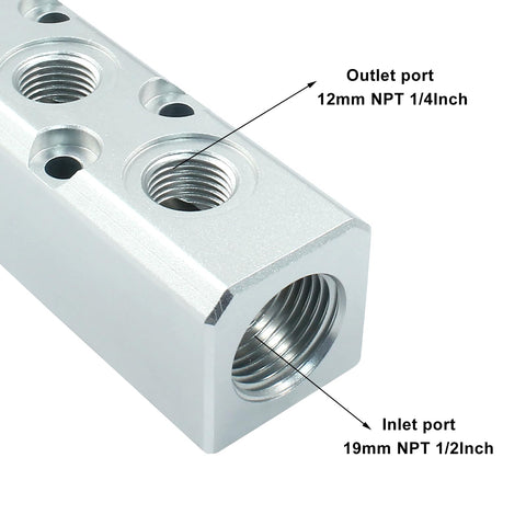 Close-up of Three Way Pneumatic Manifold Air Distribution Block With G1/2 Inlet And G1/4 Output Ports For Air Compressor Systems