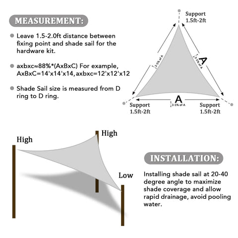 Diagram of Triangle Shade Sail 16 By 16 By 22 Feet 6 Inches Light Grey Breathable UV Blocking Outdoor Canopy installation steps.