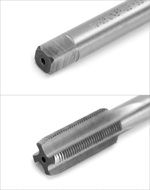 Close-up of One Half Inch Twenty Eight UNEF Tap And Die Set HSS Right Hand Threading Tool Kit, showing plug tap details.