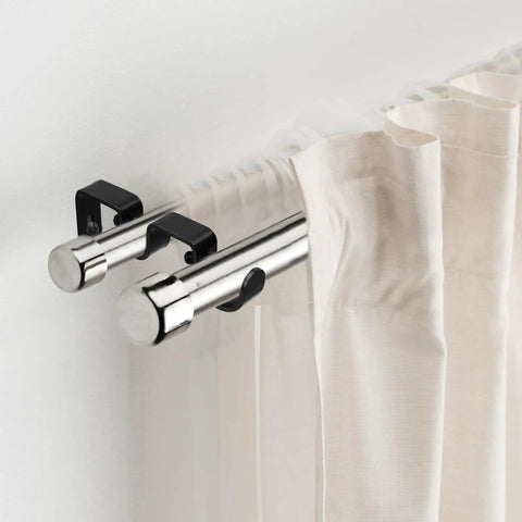 Double Curtain Rod Bracket Set, 6 Pack Metal Wall Mount Holders for 1 Inch Curtain Rods, heavy duty black brackets close-up view.