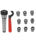 ER25 Spring Collet Chuck Set With Morse Taper For Drilling Milling And Lathe Machines Carbon Steel Shafts And Collets 3 Pieces 16mm Wrench Included High Tool Holder For Precision Machining And Heavy Duty Work Built To Last showing chuck, wrench, and collet pieces