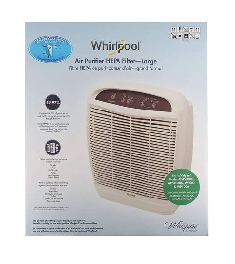 Whirlpool air purifier packaging with HEPA filter details and charcoal post filter feature