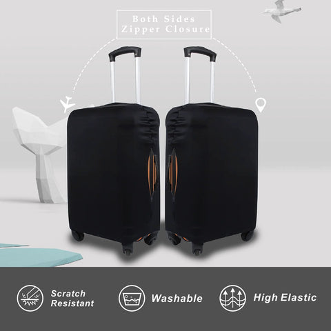 black suitcase protector 18-22 inch covers two suitcases, showcasing elastic material and zipper closure for protection and visibility