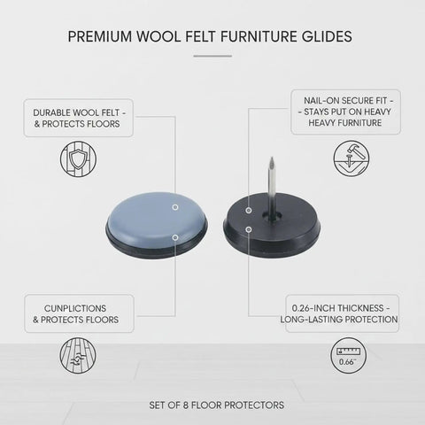 Nail On Wool Felt Furniture Glides For Chairs And Tables 0.75 X 0.26 Inch Black Floor Protectors, close view with features labeled.