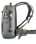 Gray Waterproof Fishing Backpack With Rod Holder And Submersible Zipper Inflatable Valve Padded Waist Straps Gear Loops