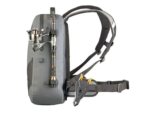 Gray Waterproof Fishing Backpack With Rod Holder And Submersible Zipper Inflatable Valve Padded Waist Straps Gear Loops