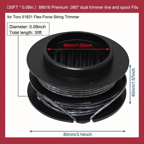 0.080-Inch 30-Foot Spooled Trimmer Line Heavy-Duty Replacement For Toro 60V FlexForce 13-Inch And 15-Inch Electric Brushless Trimmers 51831 51831T 51881 Trimmer Head, shown as a dual-line spool with measurements.