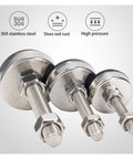 Four Pack Adjustable Stainless Steel Furniture Feet With Universal M8 M10 M12 M14 Threads And Grippy Rubber Base Glides close-up of three stainless steel adjustable feet