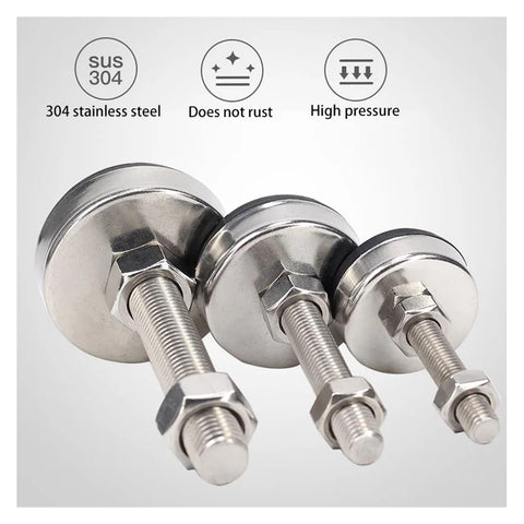 Four Pack Adjustable Stainless Steel Furniture Feet With Universal M8 M10 M12 M14 Threads And Grippy Rubber Base Glides close-up of three stainless steel adjustable feet