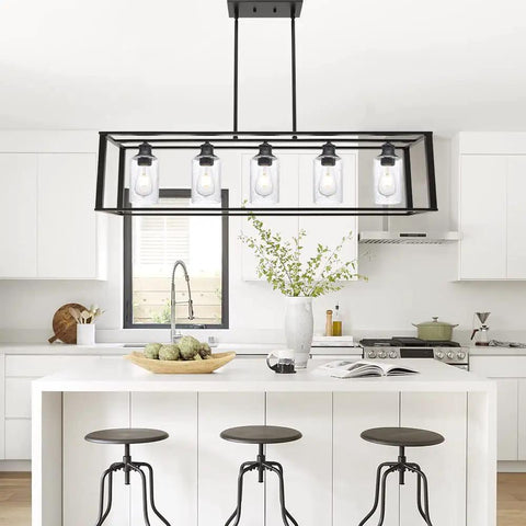 Five Light Kitchen Island Pendant Light With Seeded Glass In Matte Black, Modern Linear Chandelier Over White Kitchen Island